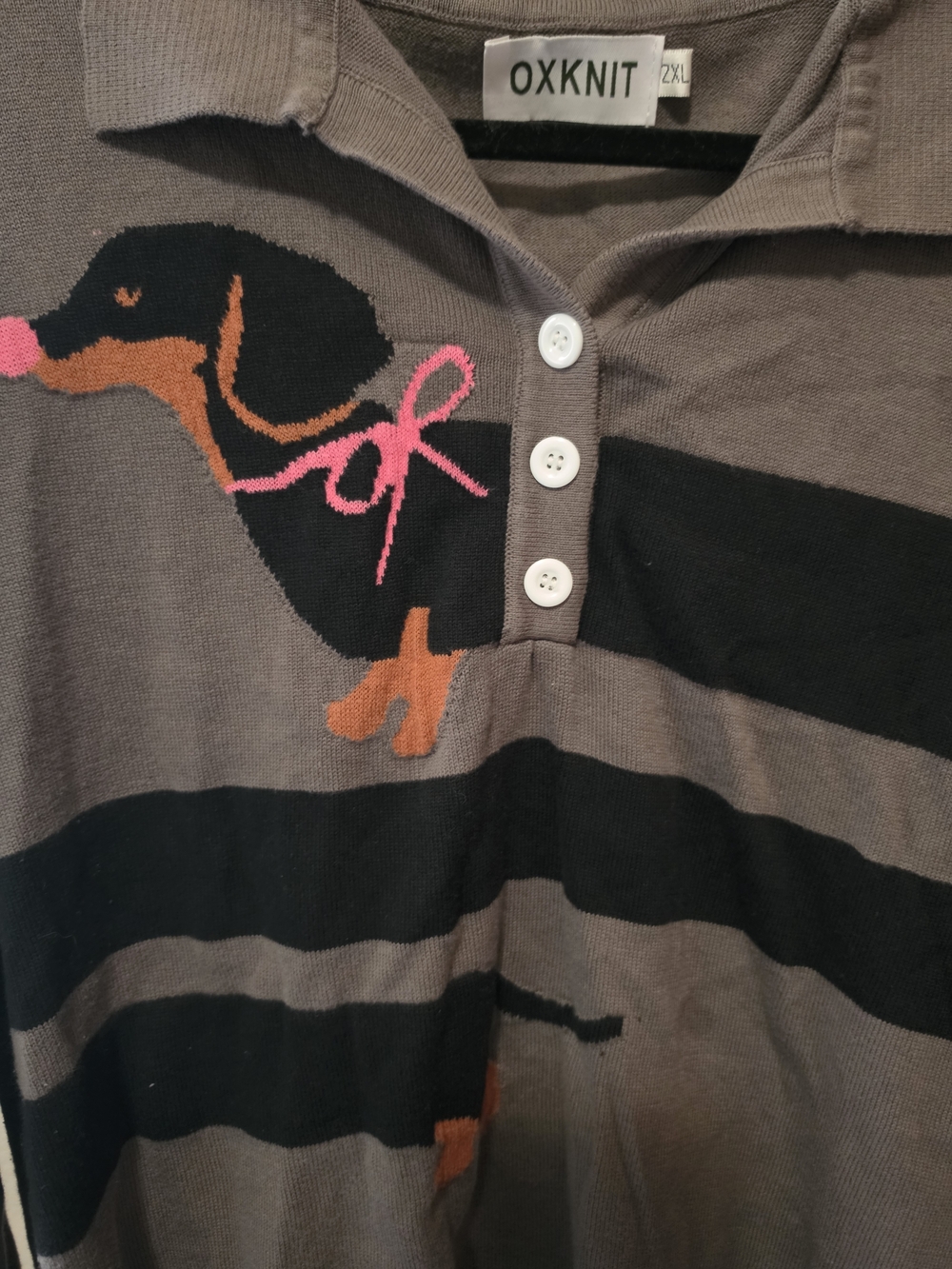 OXKNIT Women's Taupe & Black Striped Button-Down Polo with Dachshund Motif